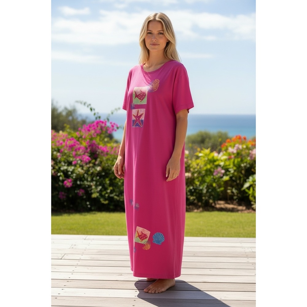 Easy Apparel Pink Maxi Dress Marine-Themed Embroidered Nautical Coastal M beach‎